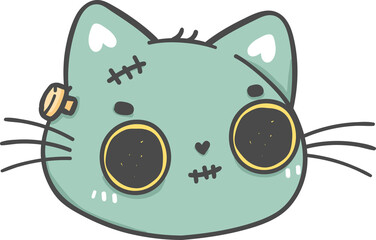 cute Halloween kitten cat green zombie head cartoon animal doodle