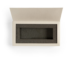 An open gift box.  A box with the lid open, with an inner sponge or foam cushion. Isolated on...