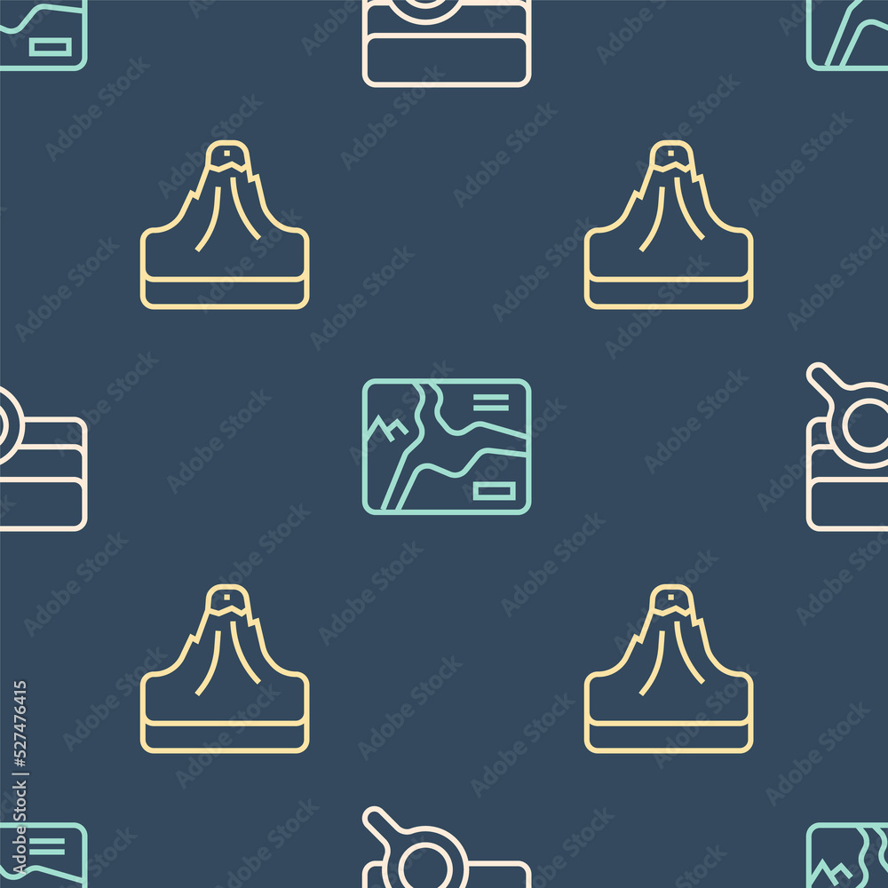 Poster set line soil analysis, volcano and topographic map on seamless pattern. vector