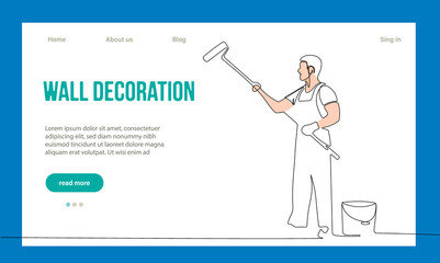 Home Repair Concept. Website Landing Page. Repairmen Workers Are Making Works Of House. Cartoon Characters Paint Walls And Put Tile. Linear Outline Vector Illustration.