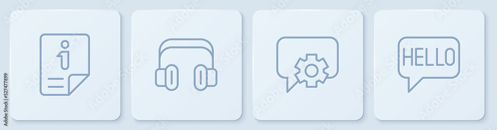 Poster set line information, telephone 24 hours support, headphones and hello in different languages. white