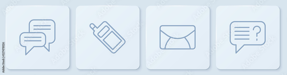 Poster set line speech bubble chat, mail and e-mail, mobile phone and unknown search. white square button. 