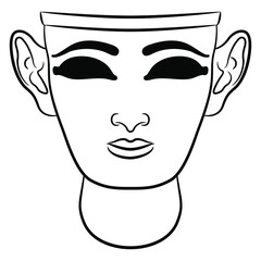 Ancient Assyrian human mask. Stylized face with empty eyes. Black and white linear silhouette.