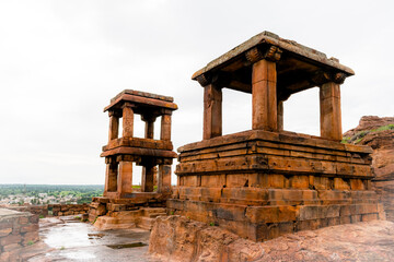 The remnants of pavilions(Open Mandapas) at Badami, perhaps once part of a Chalukya palace, are...