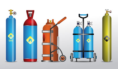 gas and fuel storage oxygen tank set. flammable 

gas cylinder container. gas cylinder containers 

of different types.
