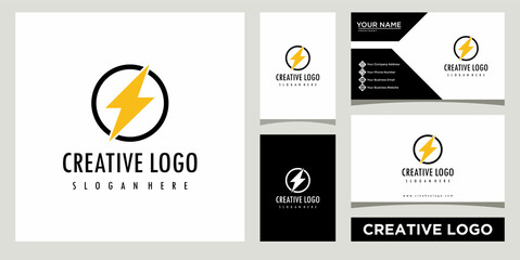 light bolt electric icon logo design template with business card design