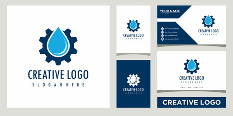 water and gear icon logo vector template with business card design