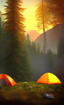 Camping In The Great Outdoors By The Mountains In The Wood Forests Exploring And Experiencing Nature. Summertime Fun Season Scene