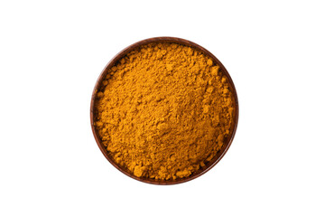 Turmeric powder in wooden bowl on white background.