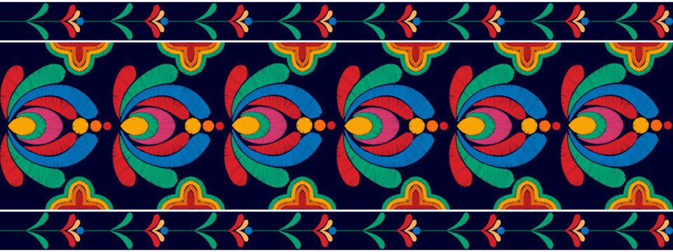 Ikat floral Hungarian polish Moravian folk ethnic seamless pattern design. Aztec fabric carpet boho mandalas textile motif decor wallpaper. Tribal flower native traditional embroidery vector 