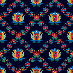 Ikat floral Hungarian polish Moravian folk ethnic seamless pattern design. Aztec fabric carpet boho mandalas textile motif decor wallpaper. Tribal flower native traditional embroidery vector 