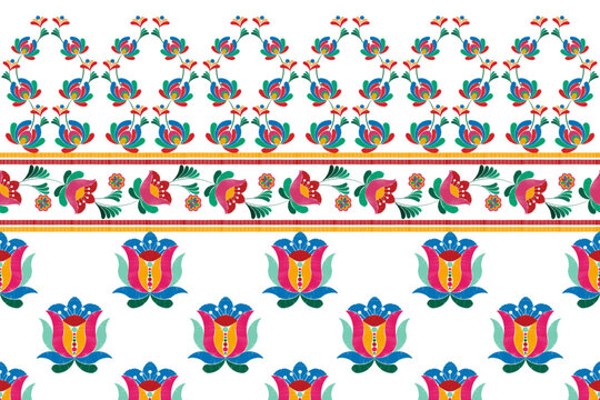 Ikat floral Hungarian polish Moravian folk ethnic seamless pattern design. Aztec fabric carpet boho mandalas textile motif decor wallpaper. Tribal flower native traditional embroidery vector 