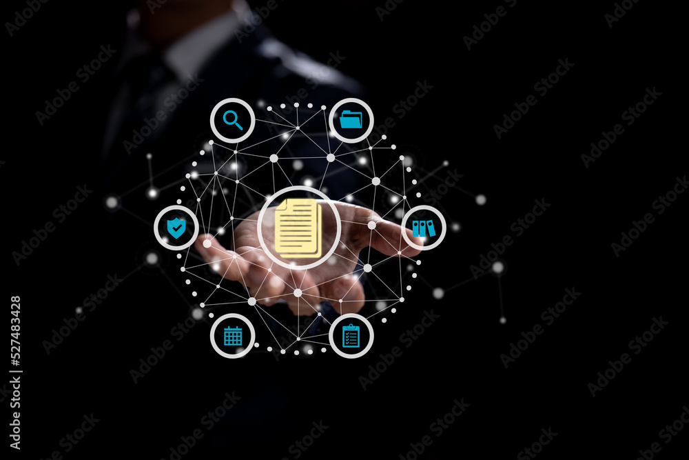 Leinwandbilder DMS, or Document Management Data System, holding a document icon. corporate data management system. Privacy and data protection Concept of Business Internet Technology.