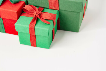 Present. Gift box with a bow. New Year's surprise. Red and green box with a gift