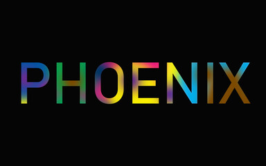 Rainbow filled text spelling out Phoenix with a black background 