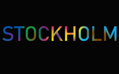 Rainbow filled text spelling out Stockholm with a black background 