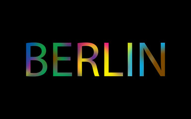 Fototapeta premium Rainbow filled text spelling out Berlin with a black background 