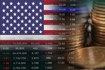 USA America flag with stock market finance, economy trend graph digital technology.