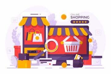 Obraz premium Mobile phone represent of front of shop store.Shopping Online on Website or Mobile Application Vector Concept Marketing and Digital marketing, Long Background