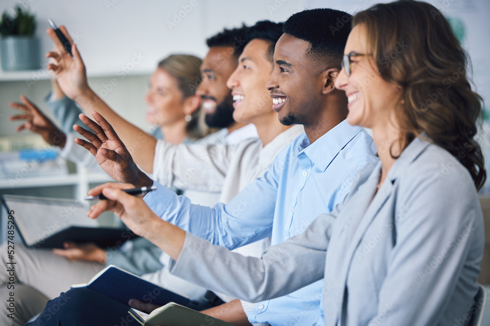 Poster hands, question and training with a team of business people in a meeting, presentation or seminar in