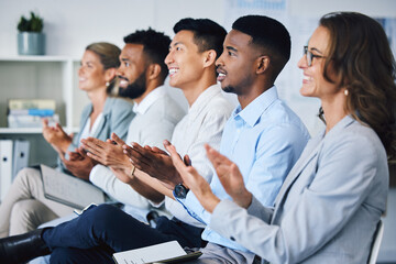 Applause, support and success with a team of business people clapping during a presentation,...