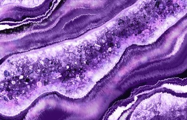 Fototapeta na wymiar Violet Geode with crystals art with epoxy resin. Quartz slice geode with transparent crystals Handdrawn realistic background. 3d wallpaper for wall frames. Fluid art marble background for home wall