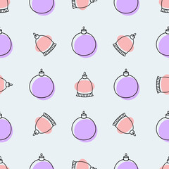 Cute Christmas pattern on a blue background with balls and bells for factory prints, children's clothing, wrapping paper and gift wrapping.
