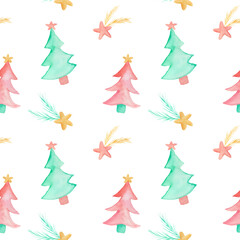 Watercolor cute and fun doodle Christmas tree as seamless pattern.