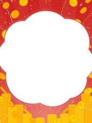 山積みのコインと紙吹雪、テープの舞う赤色背景／もくもくしたフレーム（縦向き）