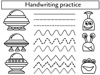 Handwriting practice sheet with UFO,  Educational children game, Coloring page with aliens and their vehicles