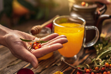 Woman is making a tasty and healthy vitamin tea from fresh sea buckthorn berries. Concept of a cozy...