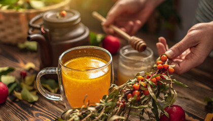 Woman is making a tasty and healthy vitamin tea from fresh sea buckthorn berries with honey. Concept of a cozy autumn atmosphere and health care during colds and flu season