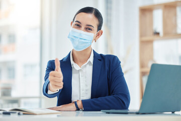 Thumbs up, mask portrait and Covid safety business woman with face protection for serious illness. Corporate virus policy procedure for good health, hygiene and satisfaction of employees.