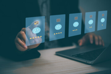 Customer service evaluation smiley face emoticon five star on virtual touch screen.business digital...