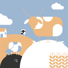 Bunner with different colors cows.  Cow village house. Cows in farming. Field and house