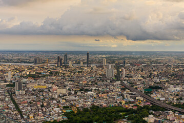 Panoramic view  of Bangkok skyline at sunset, Cityscape of Bangkok, Chao Phraya river view, aerial view of the city