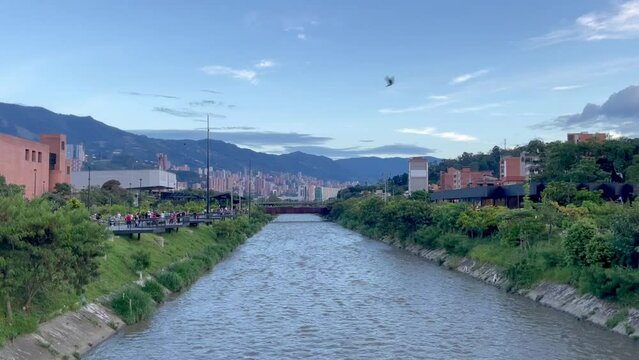 Panorama of Medellin city, view to the river, Colombia  