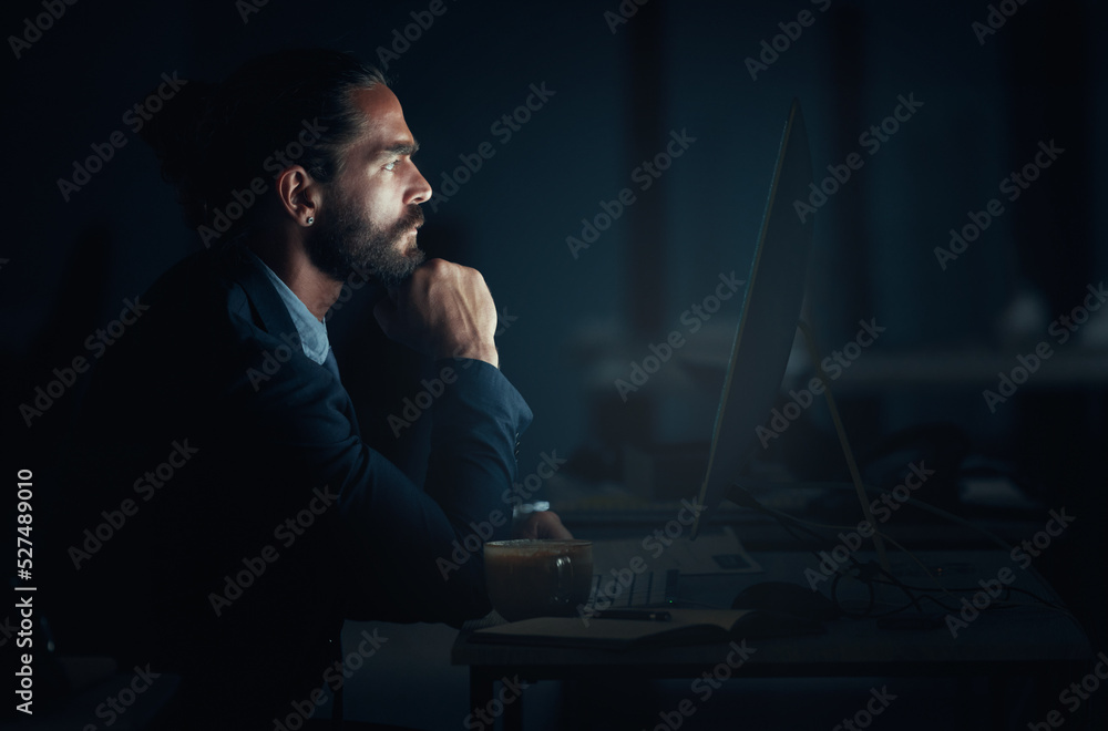 Aufkleber Digital programmer, cyber security and programmer with computer thinking and planning of web design at night. Engineer, developer and man working on ux seo software, database coding and programming
