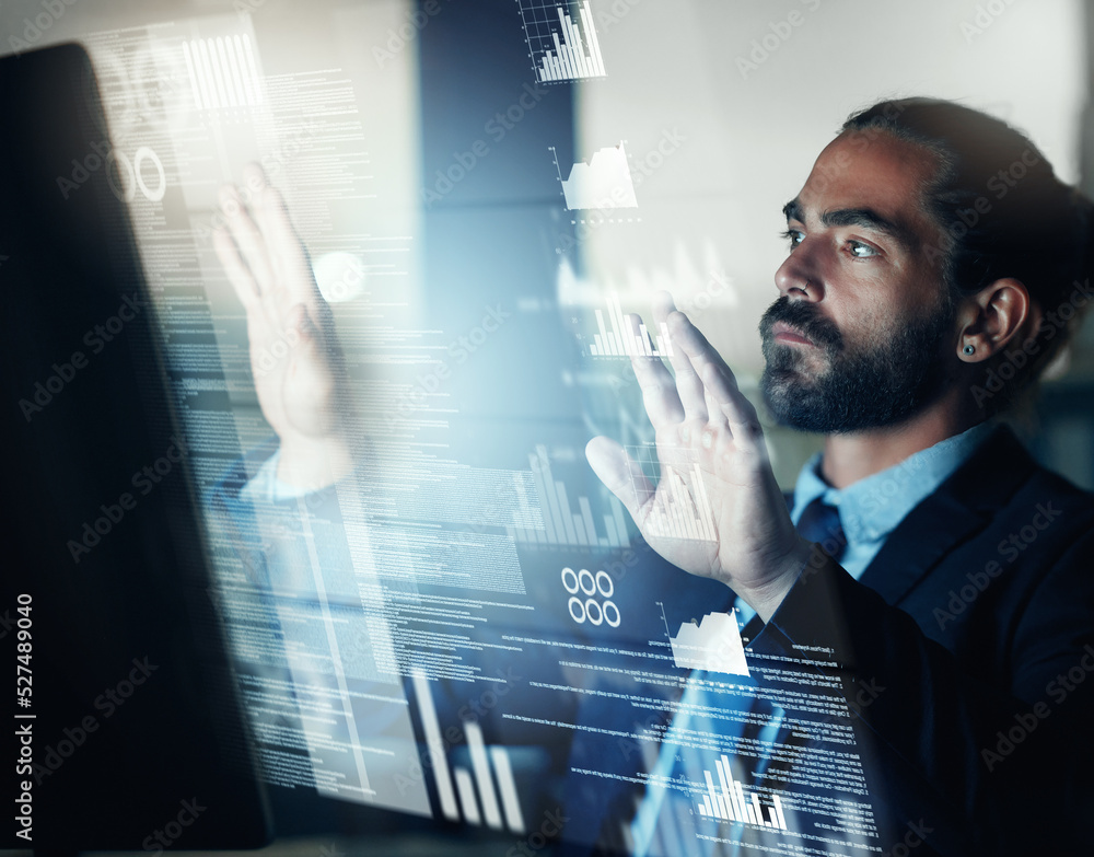 Leinwandbilder digital, data hologram and tech code of a fintech business man working on futuristic technology. big