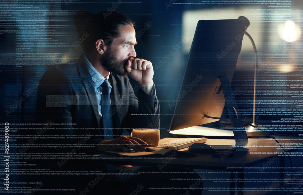 Aufkleber Big data, tech coding of a fintech programmer writing futuristic technology code on computer at night. AI engineer, cloud computing and ux design of software developer checking information database