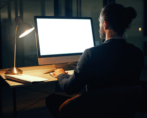 Mockup space screen of a computer with a ux software office worker and developer. Digital transformation and mock up of a IT tech man working on cryptocurrency and cybersecurity erp coding database