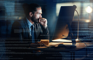 Big data, tech coding of a fintech programmer writing futuristic technology code on computer at...
