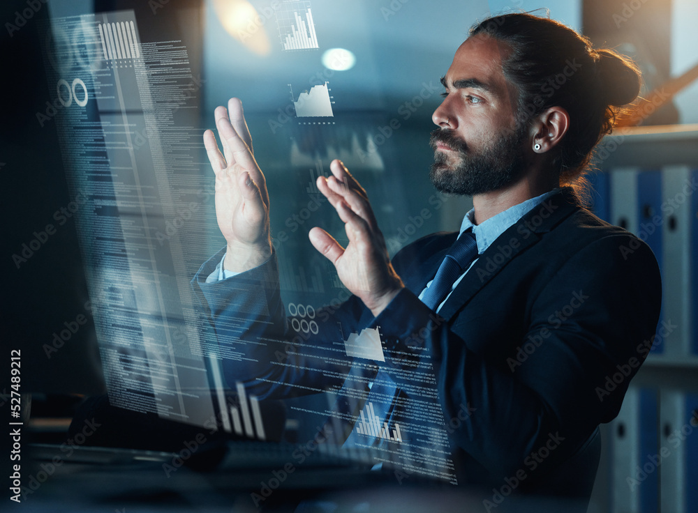 Poster Hologram and tech data of a business man with ai and metaverse information on futuristic technology. Crypto coding of a software developer working on data science, big data and web logistics to code