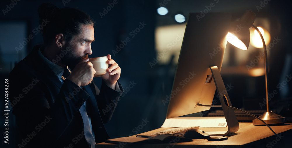 Poster coffee, night and commitment with a business man working late in a dark office on a deadline. male c
