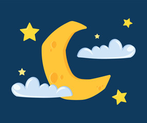 Obraz na płótnie Canvas Animated Cloud, Crescent Moon and Stars Vector for Night Sky Illustration
