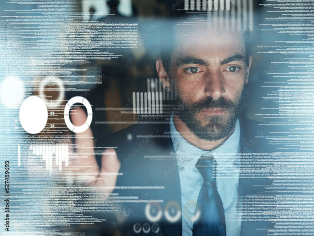 Aufkleber 3d, data hologram and tech coding of a fintech businessman working on futuristic technology. Big data, cloud computing and ux design of a software developer research on cryptocurrency and it, ai tech