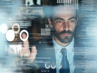 3d, data hologram and tech coding of a fintech businessman working on futuristic technology. Big...