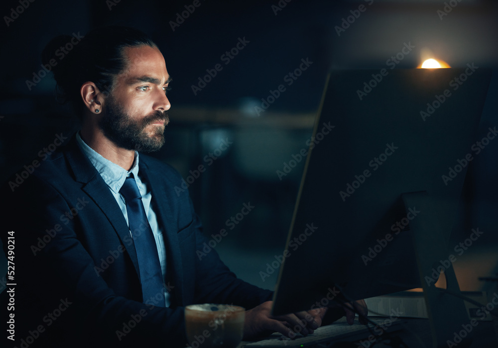 Aufkleber Cyber security man, digital programmer or computer for thinking web design engineer working on ux seo software or database coding. Developer with motivation or innovation programming on tech at night