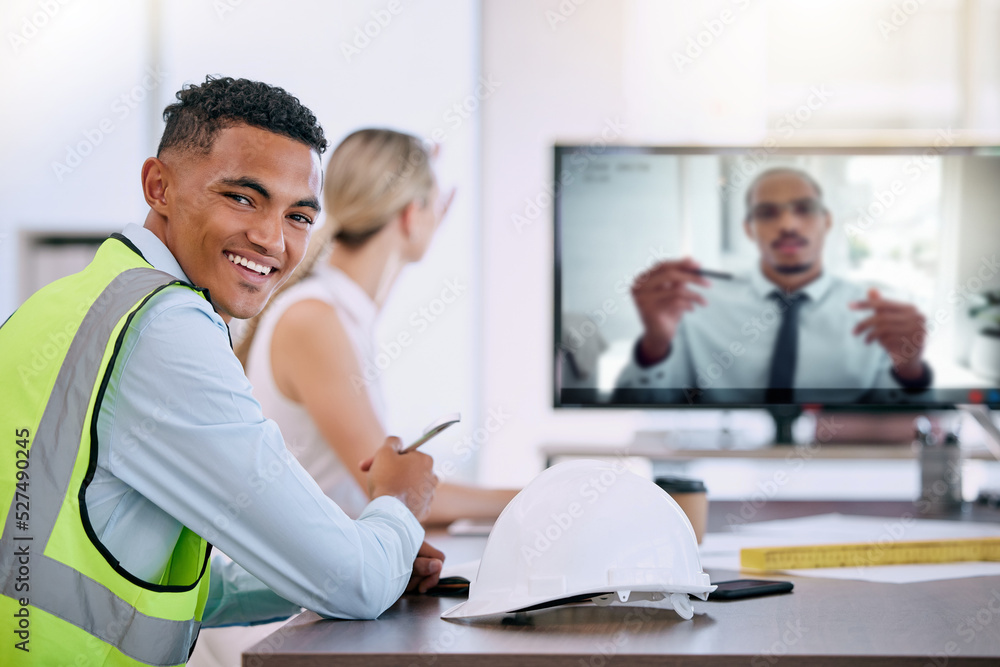Poster construction worker, engineer and virtual video conference or webinar in office with a man looking h