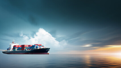 Container cargo ship in ocean at sunset dramatic sky background with copy space, Nautical vessel...
